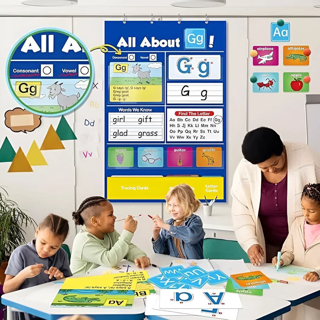 Creative Letters Learning Sleeve Table Chart, a blue fabric play mat with card sleeves, surrounded by letter, picture, and word cards.