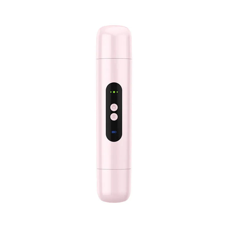 Portable electric depilator with floating blade in white or pink colour with USB charging cable