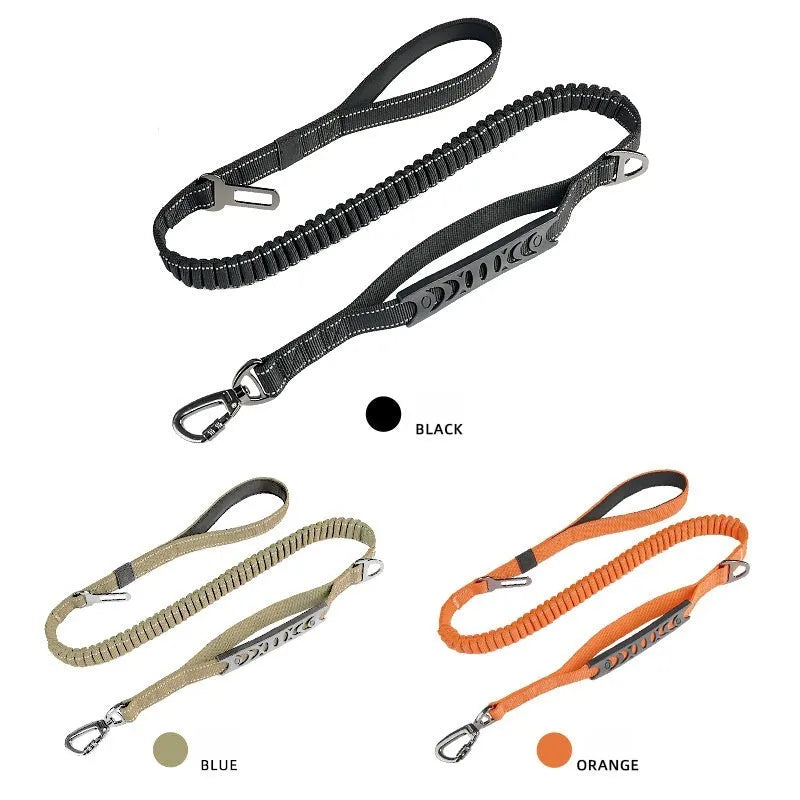 Retractable reflective dog leash with nylon traction belt in black, orange or khaki colour options