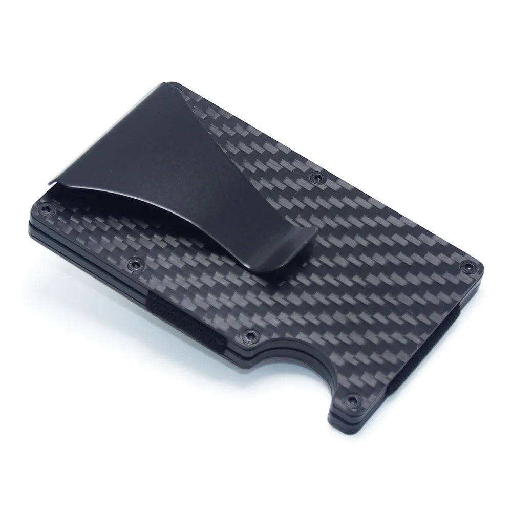 CH6600 slim geometric card holder in black carbon fibre, showing front profile and thickness.