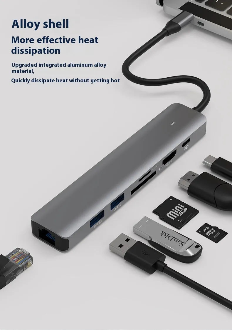 LQT-LH07 7-in-1 USB-C card reader and computer hub with multiple ports.