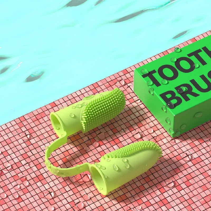 TPR double finger toothbrush set for pet dental cleaning in pink, blue green, and grass yellow colours