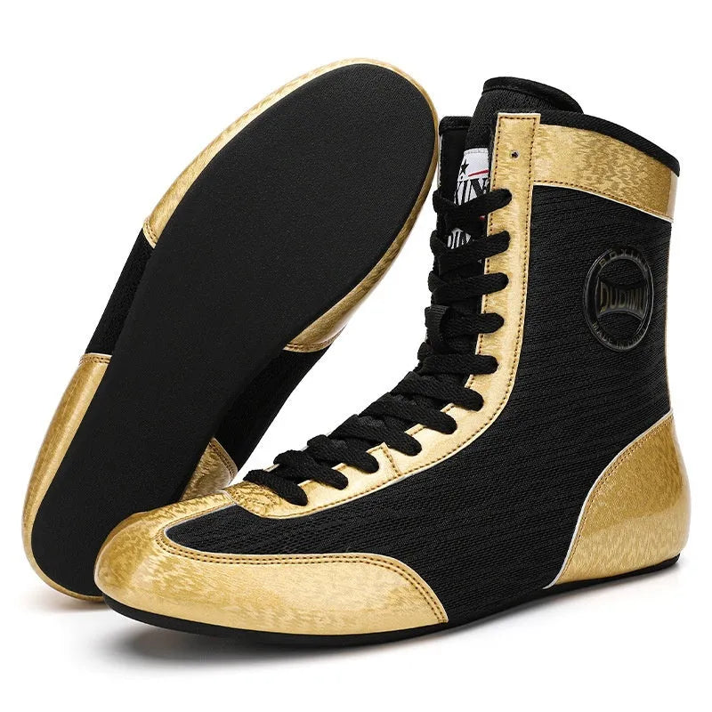 Professional black and gold mesh boxing shoes with a non-slip rubber sole for indoor training.