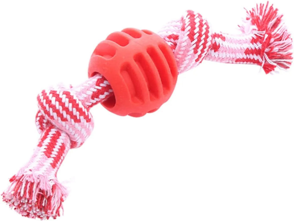 Blue molar-shaped dog chew toy with an integrated rope for dental care and play.
