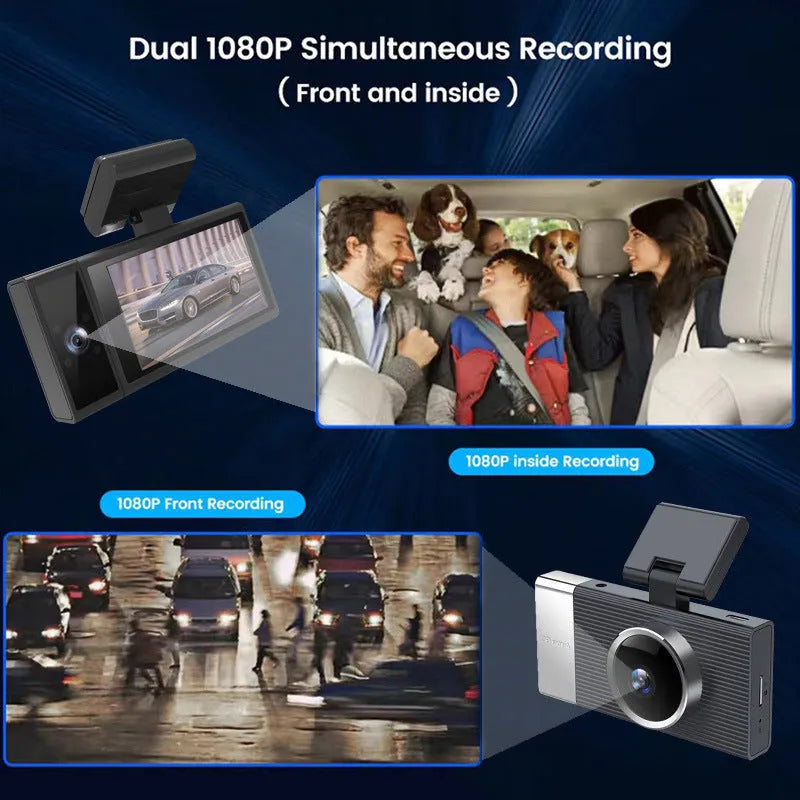 WiFi three lens driving recorder with 3-inch screen on a car dashboard.