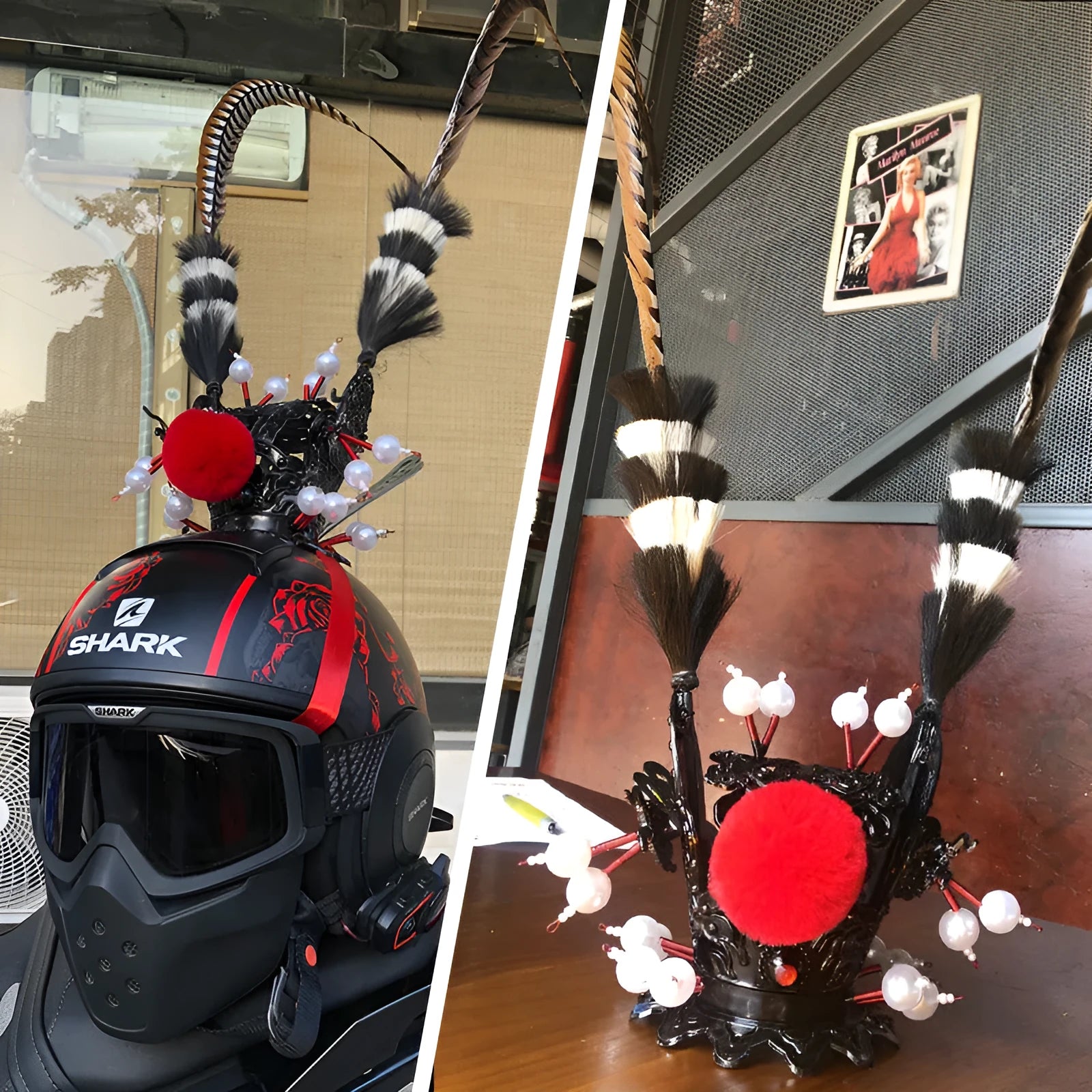 Gold-plated crown ornament with long black feather on motorcycle helmet, showing clip-on leather strap.