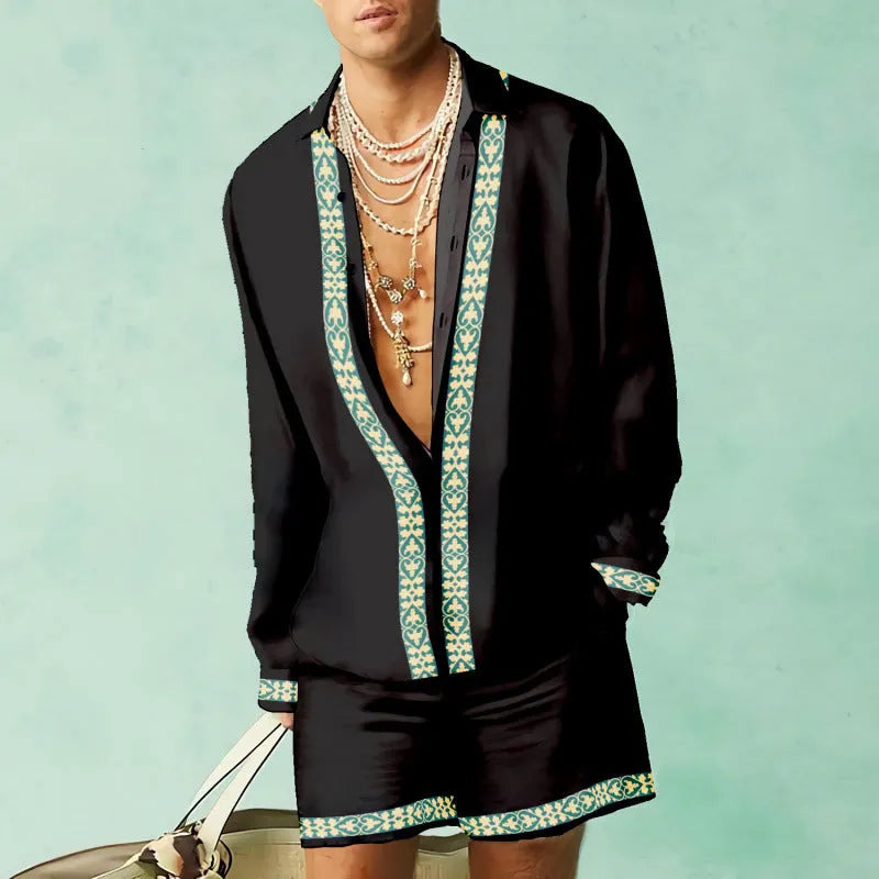Casual slim-fit polyester shirt and matching shorts set on a model, showing the coordinated summer outfit.