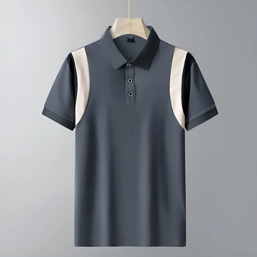 Man modelling a grey striped short-sleeve cotton T-shirt with a V-neck lapel design
