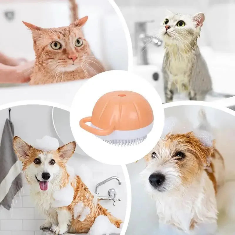 Orange silicone dog bath brush with shampoo dispenser and soft TPR bristles for pet grooming