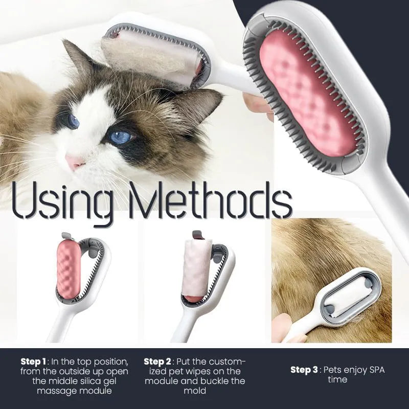Green plastic pet grooming comb with disposable wipes for cats and dogs.