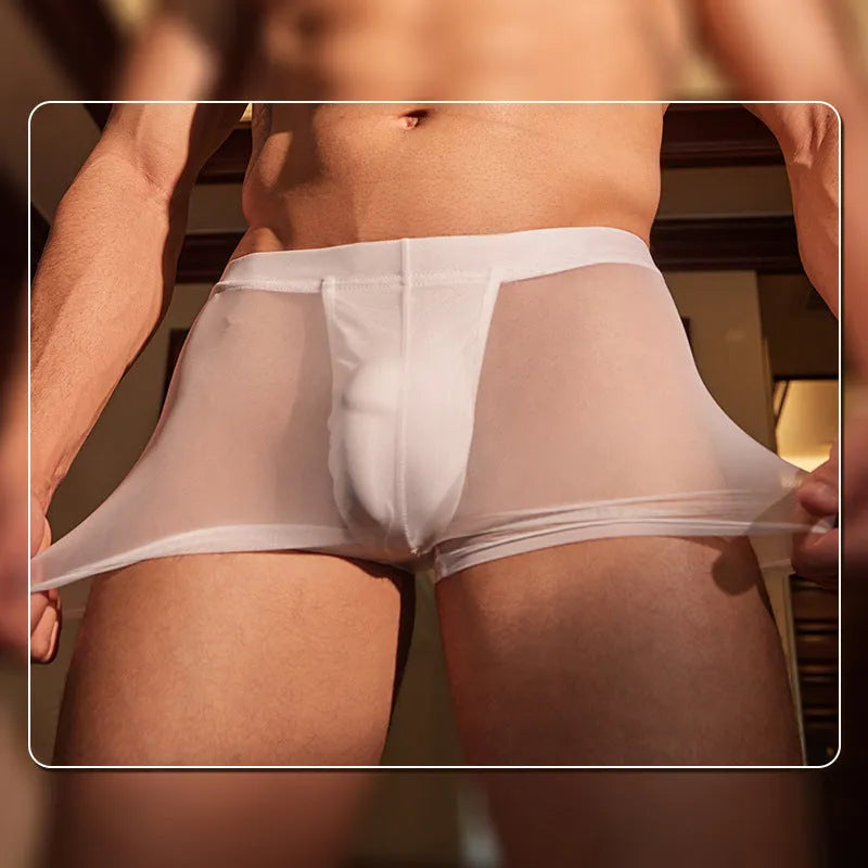 Men's black ultra-thin nylon boxer briefs laid flat, showing low-rise waistband and simple design.