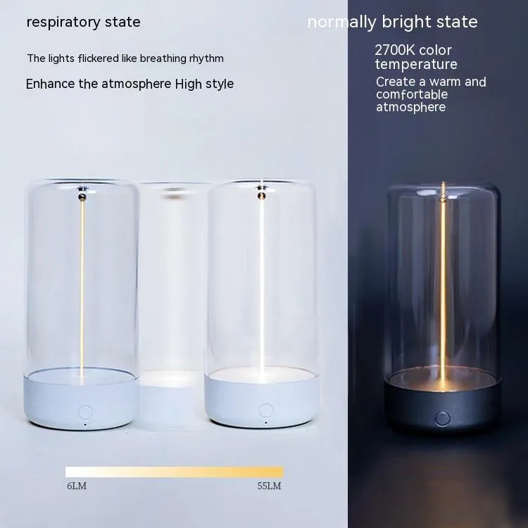 USB rechargeable LED camping light with a clear cover and bendable filament on an ABS base.