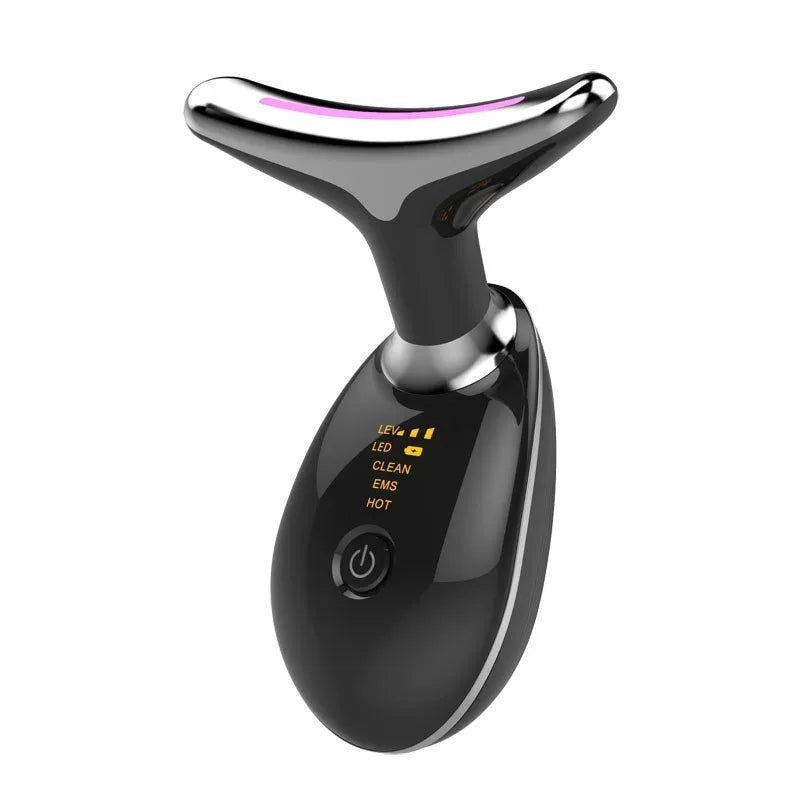 Black silver EMS thermal neck massager with LED lights for facial firming and wrinkle reduction