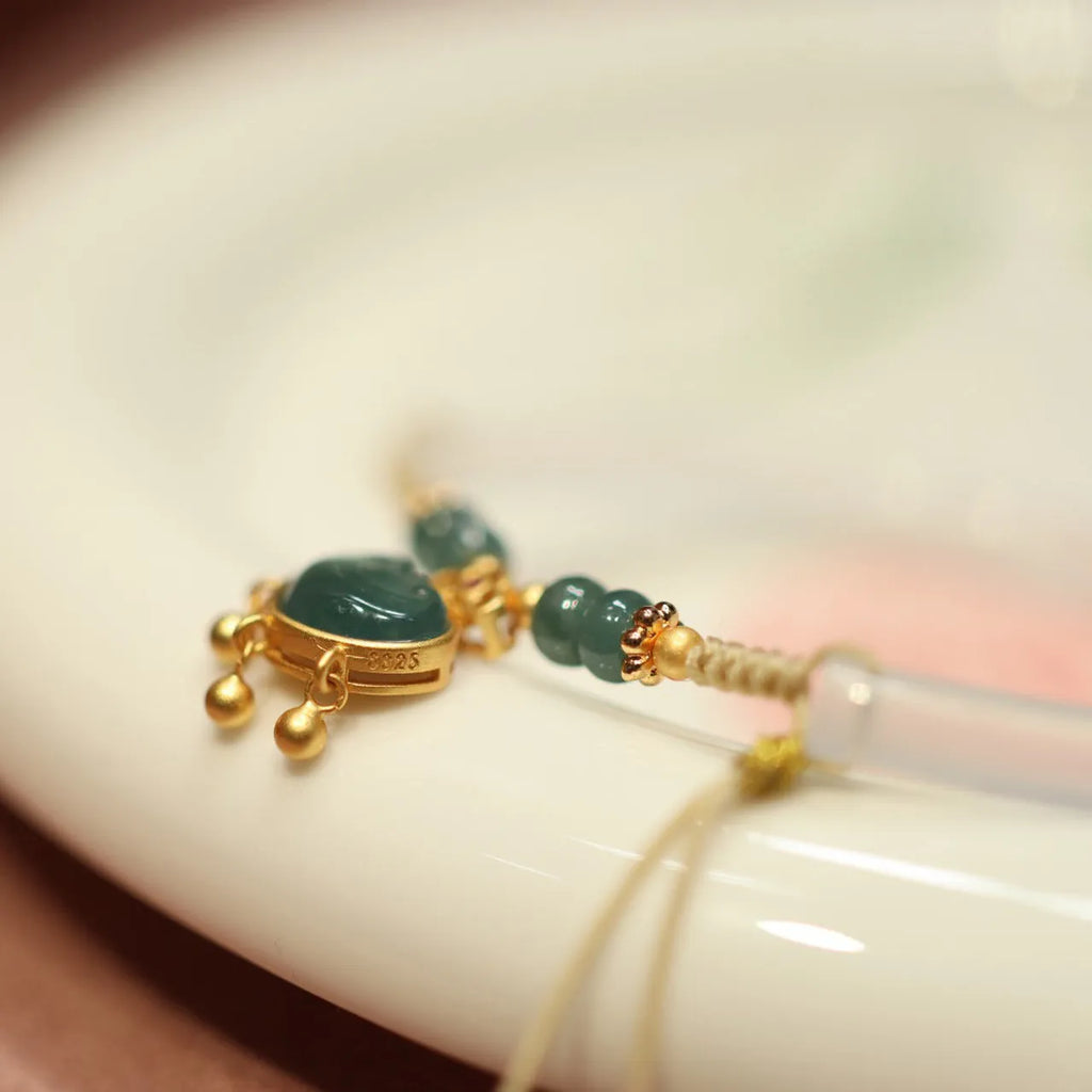 White agate chalcedony half bracelet with blue water lock blessing detail, Chinese style women's jewellery