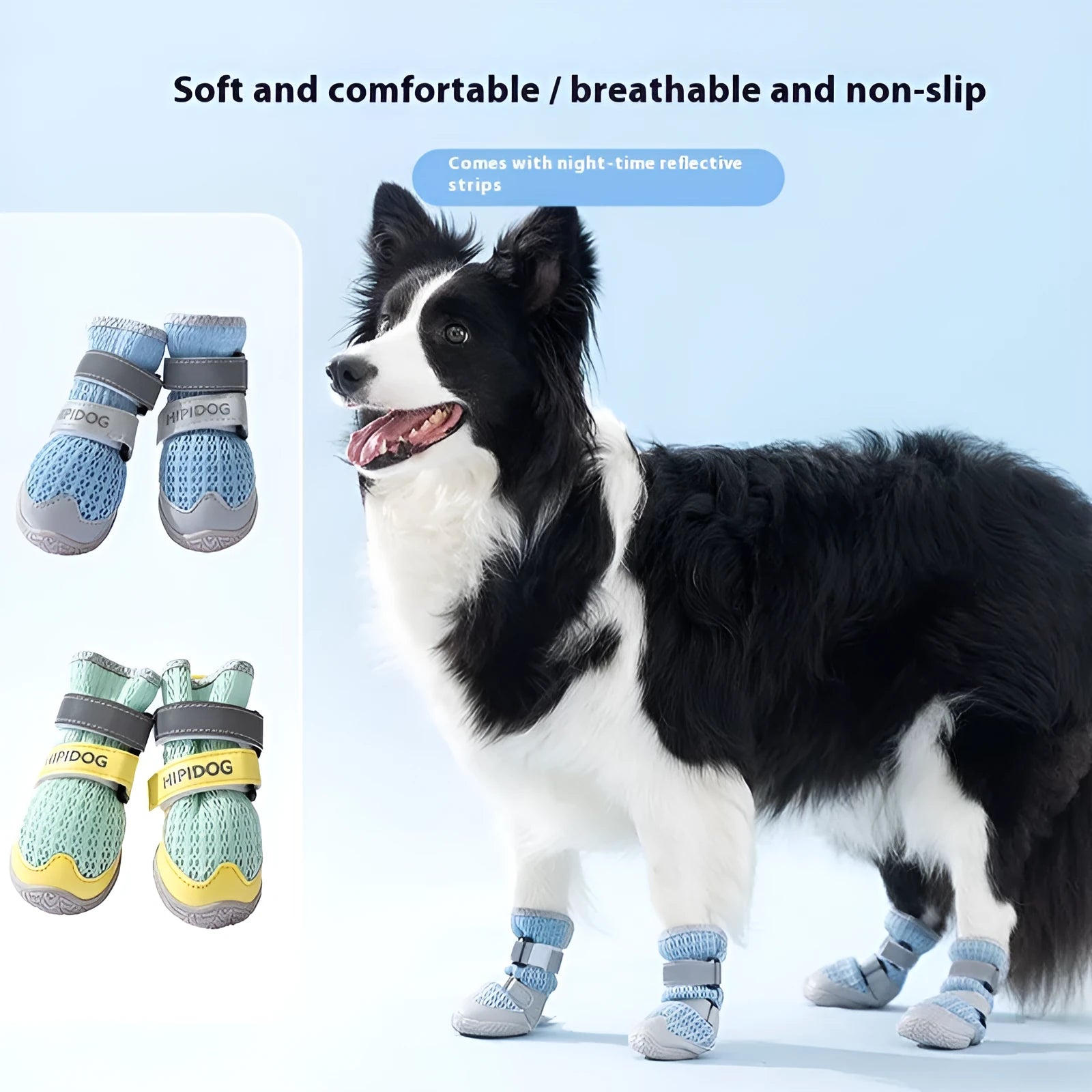 Pair of light blue breathable dog shoes with a cartoon style on a wooden floor.