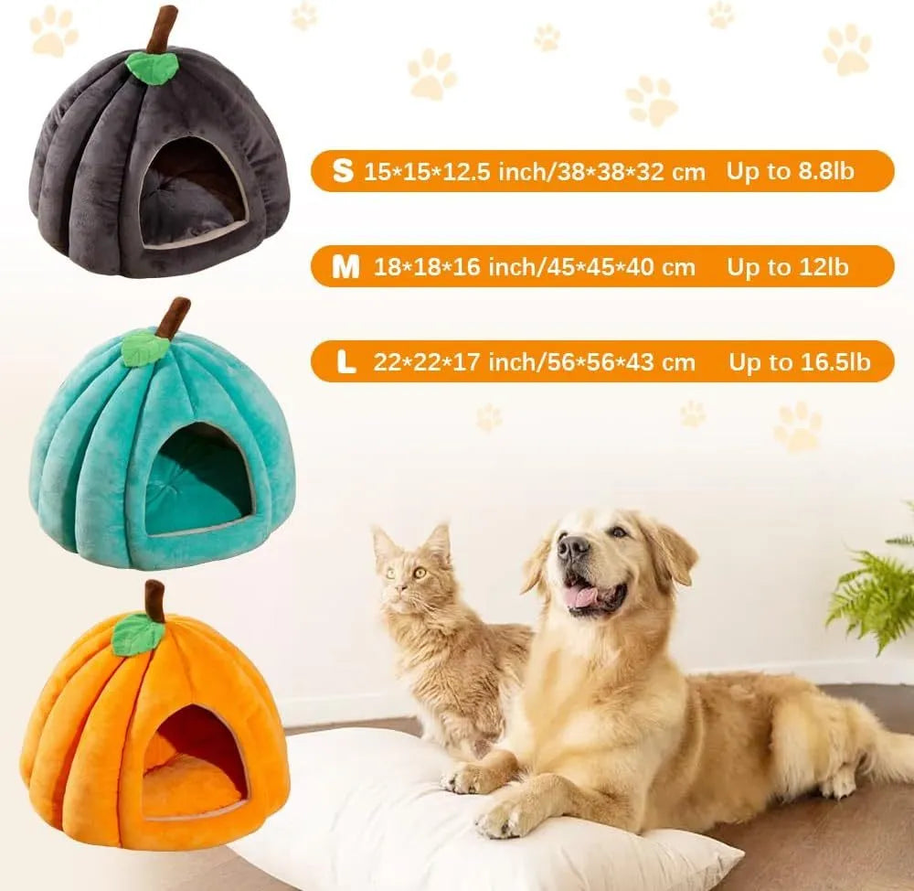 Pumpkin-shaped cat bed in blue with semi-enclosed cave design and removable interior mat