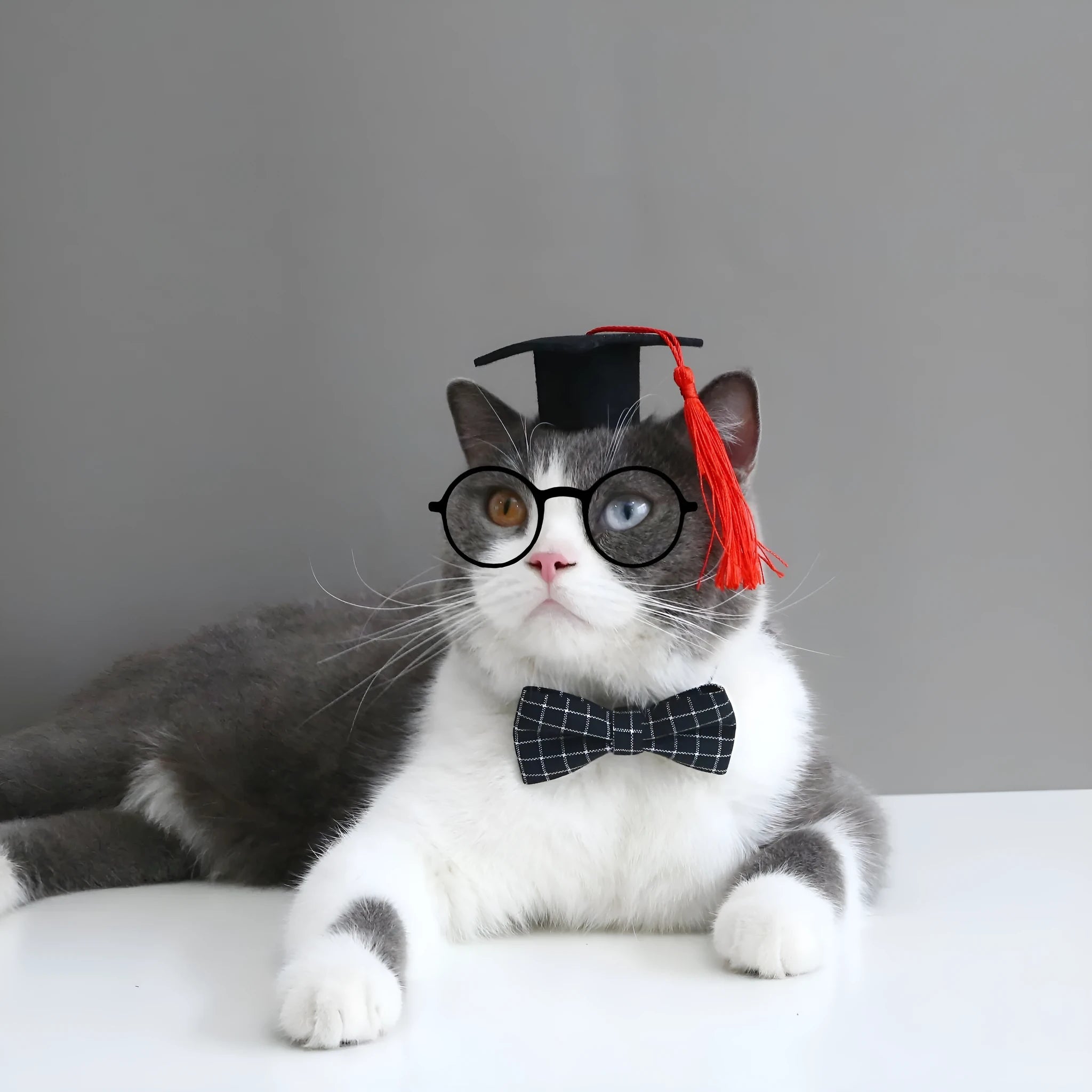 British-style pet hair band and bow tie set in four colour options on a mannequin head.
