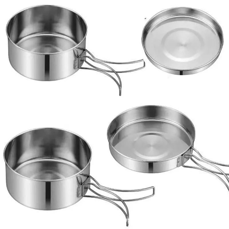 Silver stainless steel camping cookware set with four pieces for outdoor cooking