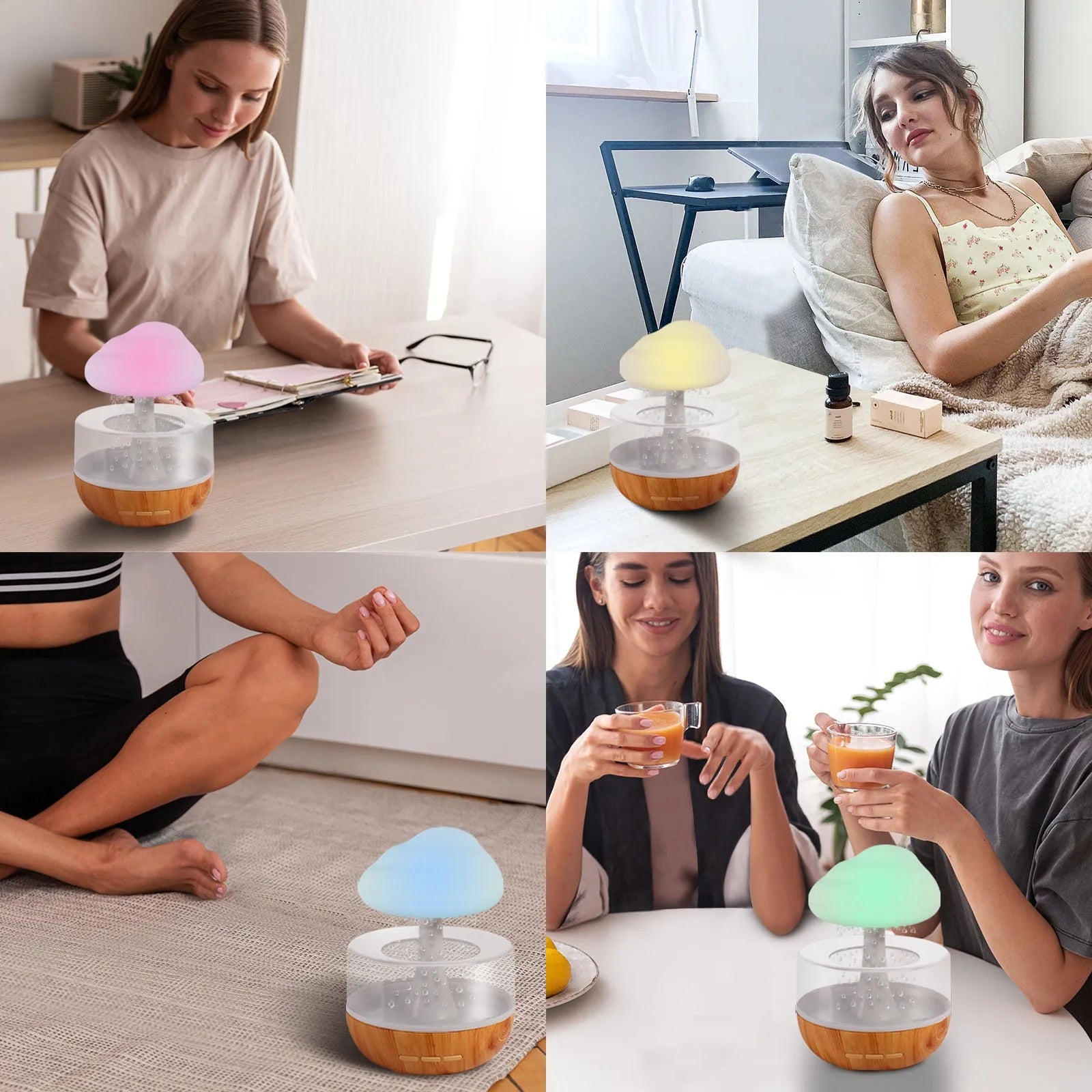 White USB humidifier with aromatherapy diffuser and colour-changing night light on desk
