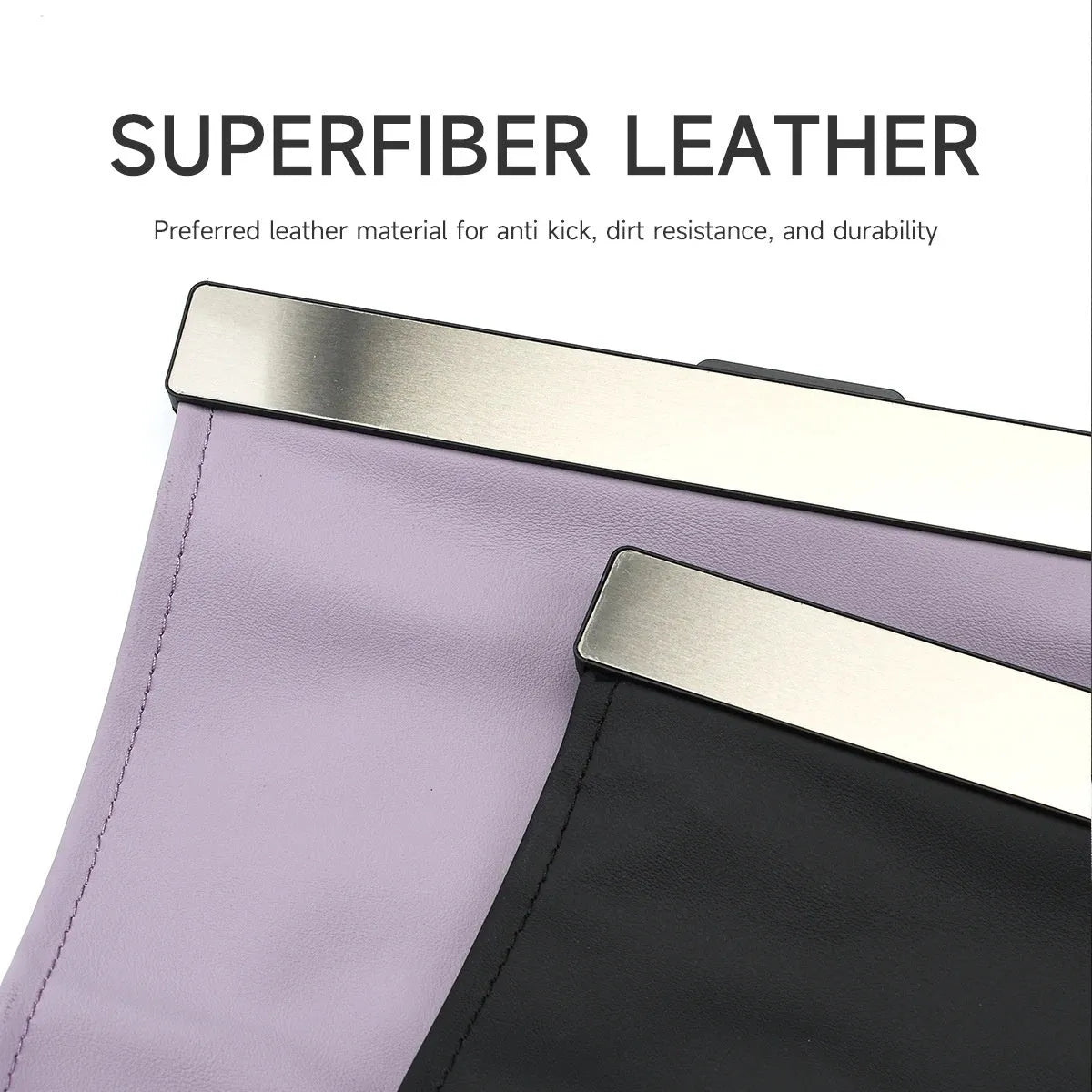 Car leather garbage bag with magnetic closure and LED light, hanging in vehicle interior, black colour