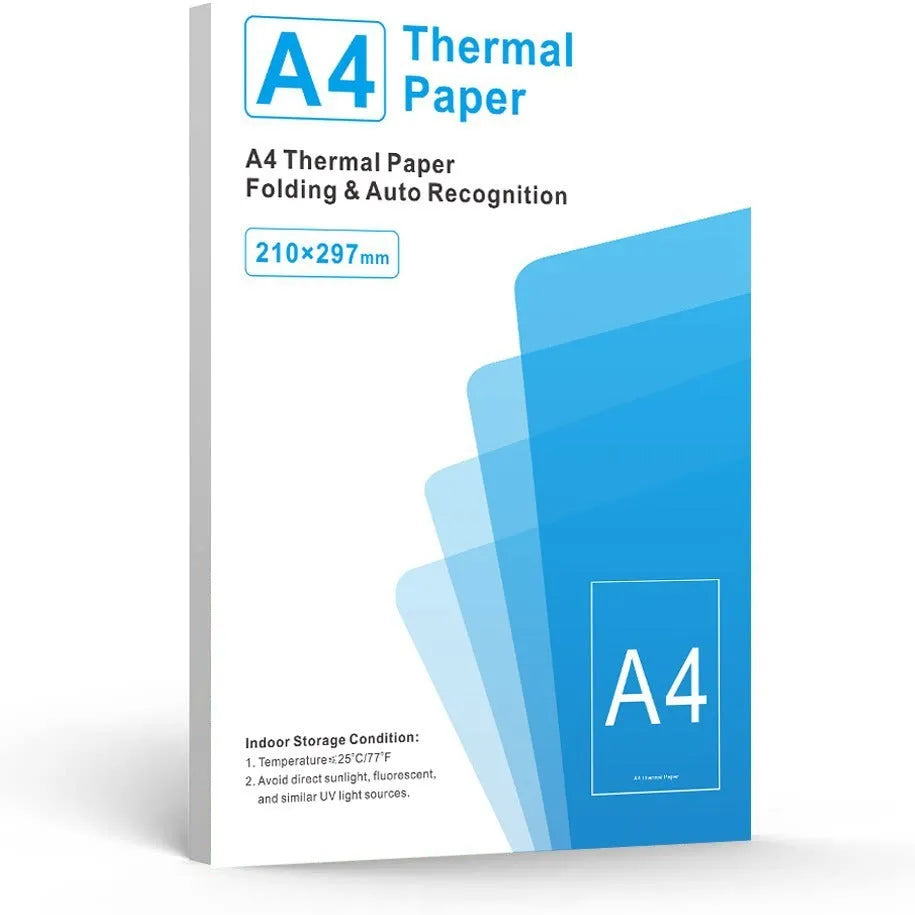 Pack of white A4 thermal printer paper sheets for business use.