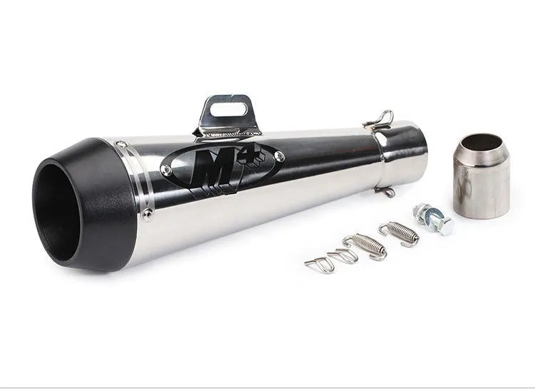 M4 universal motorcycle exhaust pipe in black, titanium, and blue finishes shown on a large displacement bike.