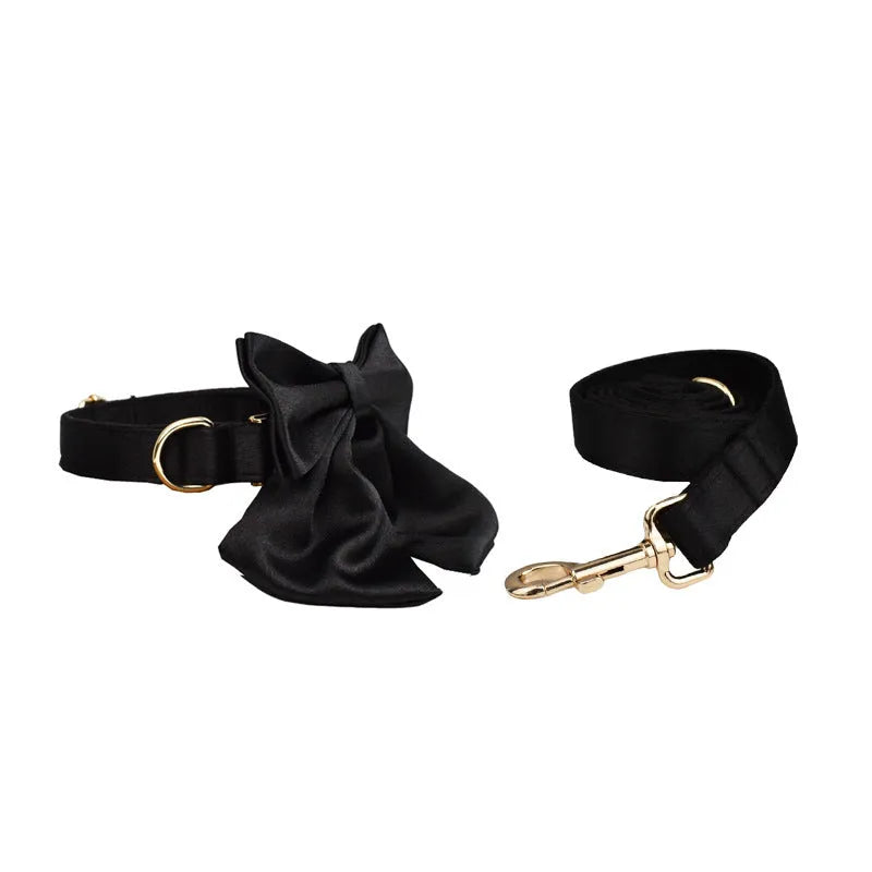 Dog collar and chest harness set with rope leash and decorative bow accessory in cloth fabric