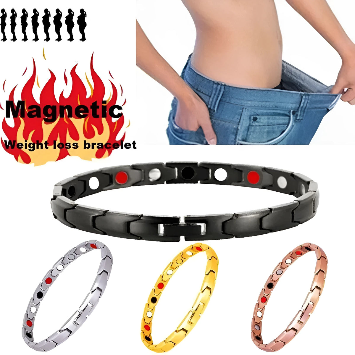 Metal rhombus therapy bracelet available in Black, Bronze, Gold, and Silver, with electroplated finish and optional 2pcs, 4pcs, or 8pcs sets.