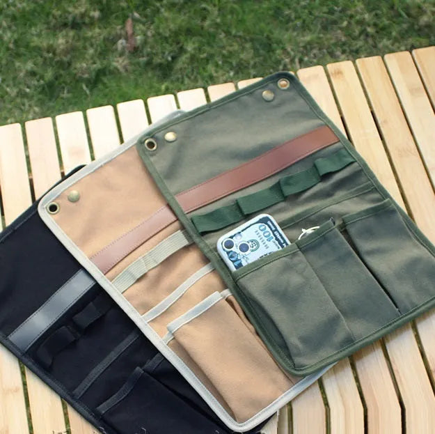 Canvas hanging storage bag for camping and travel, shown in black, beige apricot or green with armrest side attachment