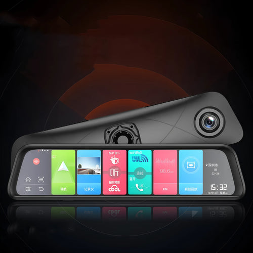 Black 4G car tachograph with touch screen, wide-angle lens, and GPS navigation functions