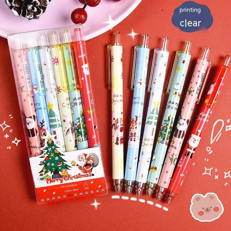 Cartoon design press gel pen set with six black-ink pens in plastic packaging