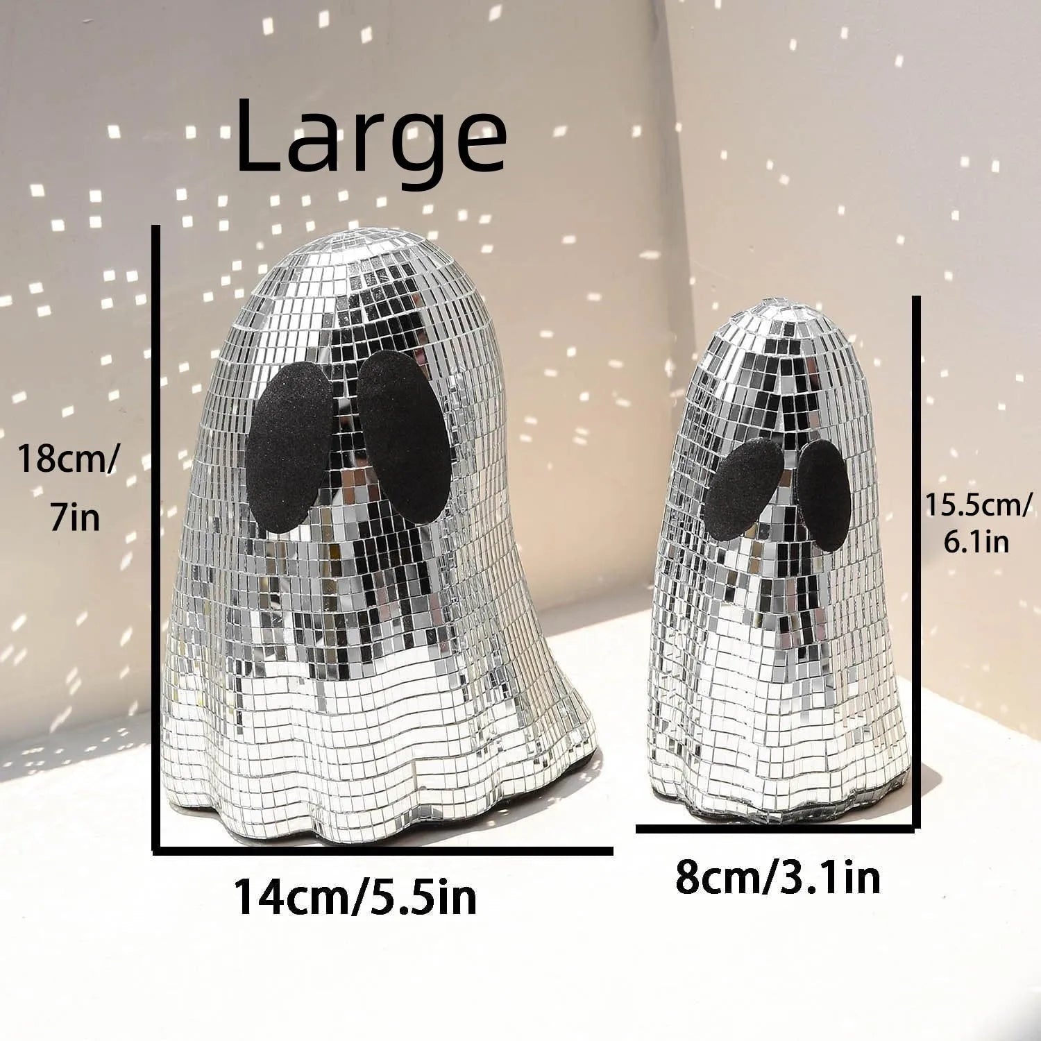 Silver ghost-shaped Halloween desktop decoration with sparkling mosaic mirror patch details.