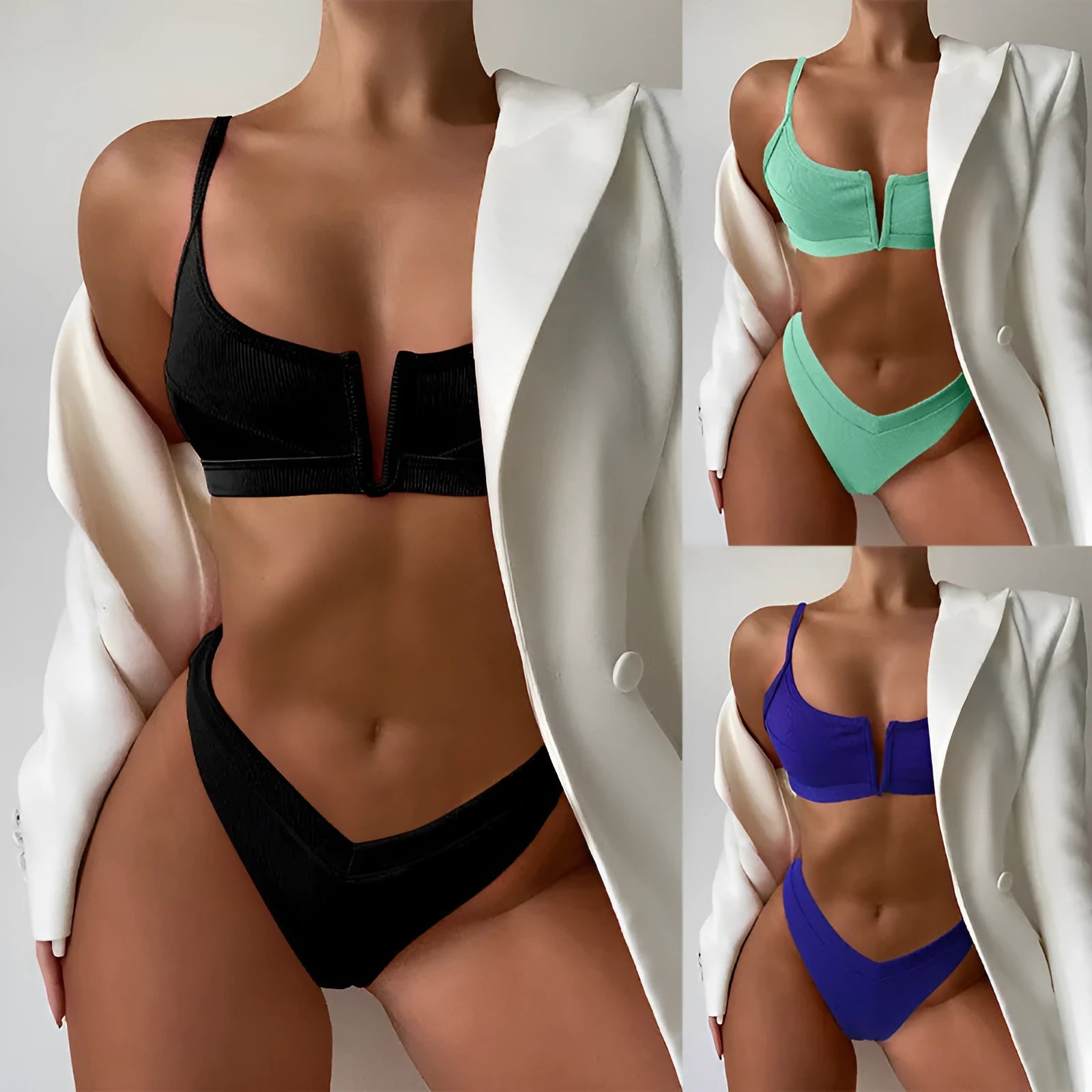 Women's high-waist triangle bikini swimsuit in Army Green colour showing top and shorts