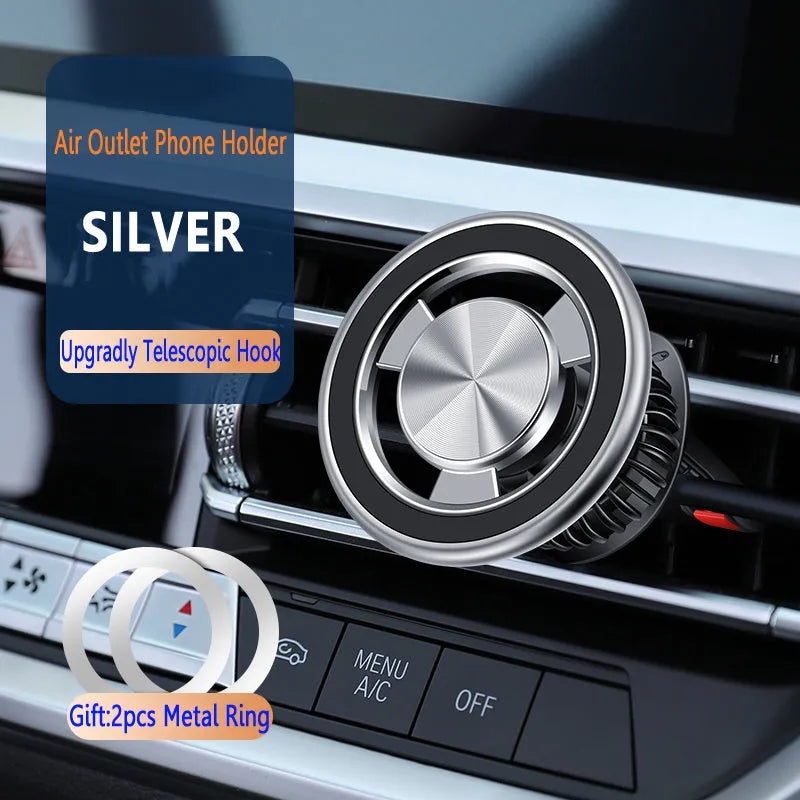 Car air vent magnetic phone holder with alloy bracket and black/silver colour options
