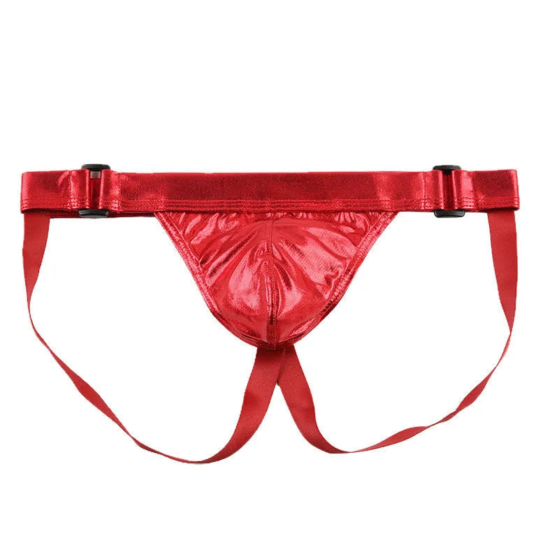Men's low waist nylon underwear shorts with Double Ding hollow out U pouch and imitation leather detail, available in six colours.