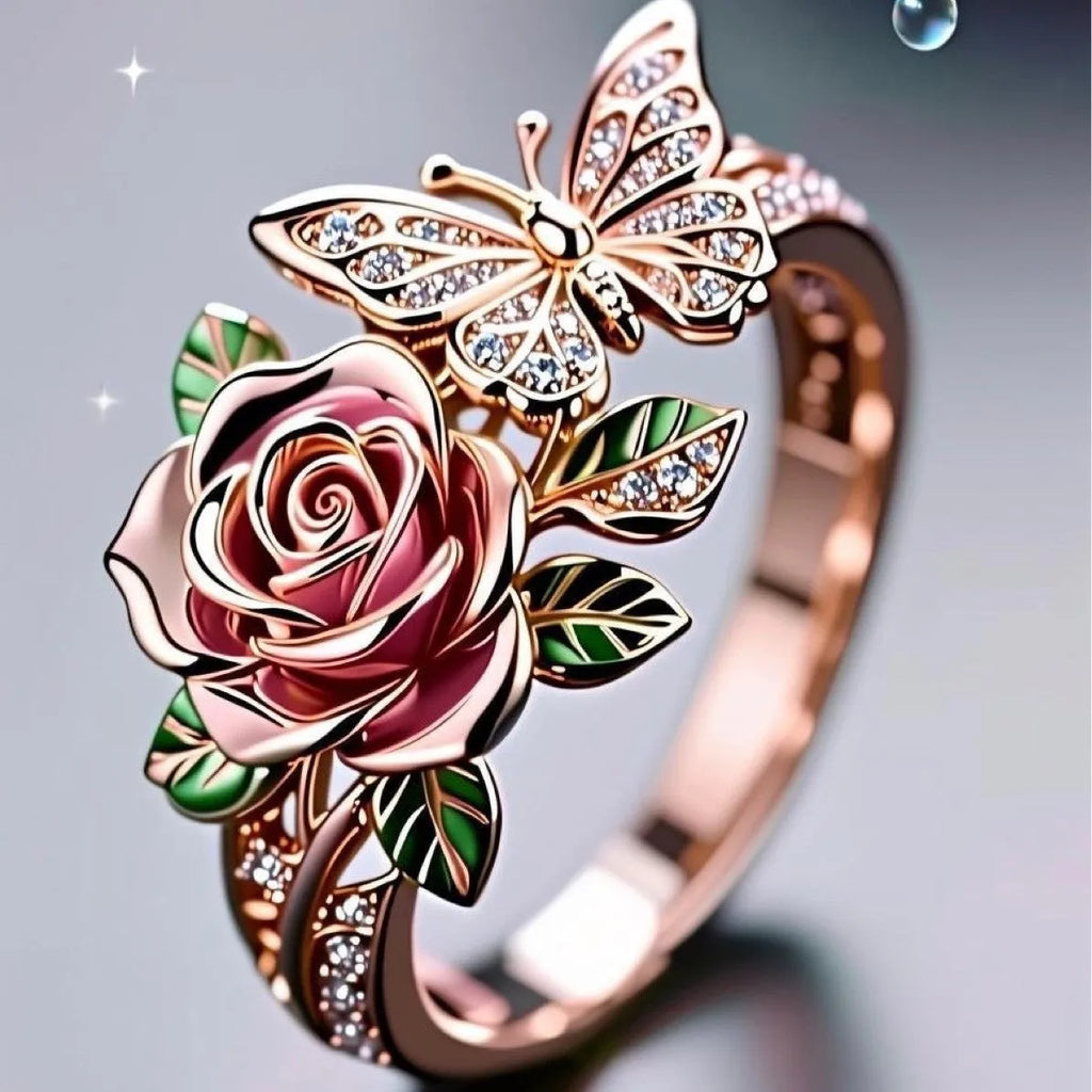 Adjustable fairy style ring with oil drip colour effect and butterfly charm