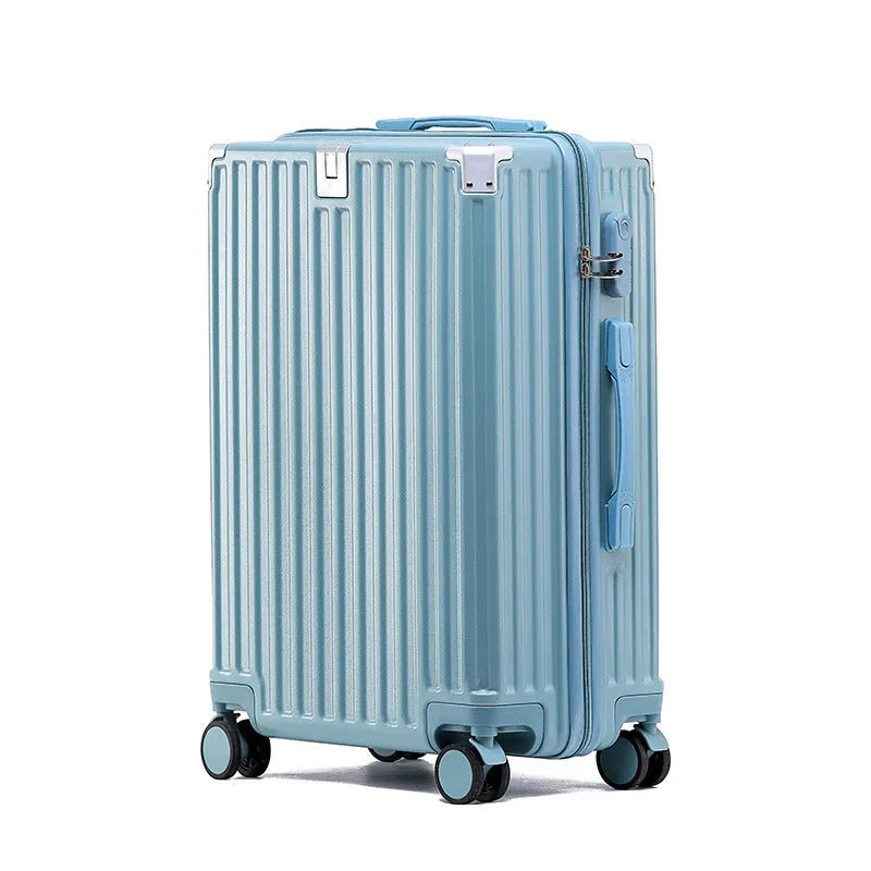 Hard shell aluminium frame luggage in avocado green with USB port and universal wheels.