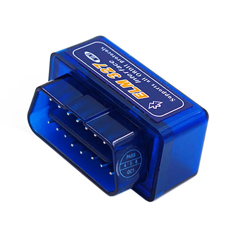 Compact black ELM327 Bluetooth OBD2 diagnostic scanner for car fault codes and live data.