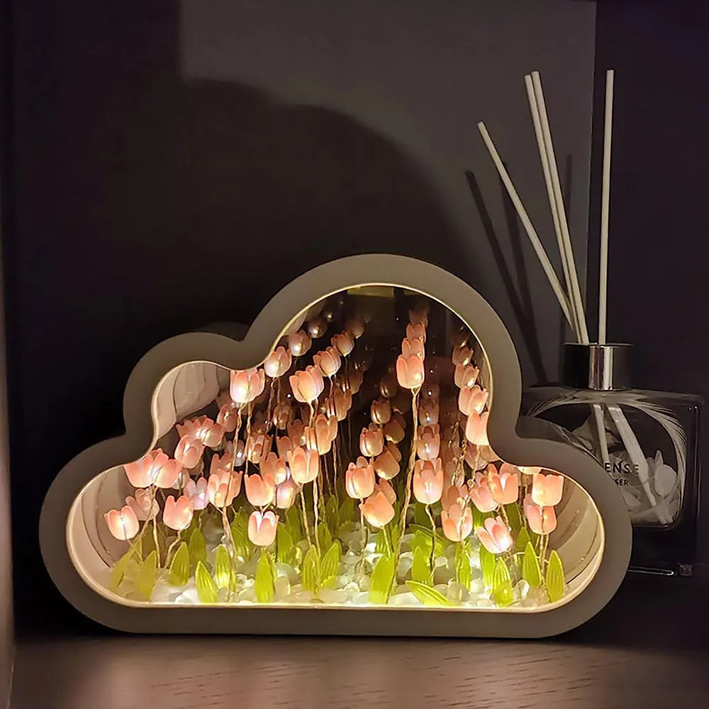 DIY cloud tulip night lamp kit with LED light, mirror, and photo frame on a desk