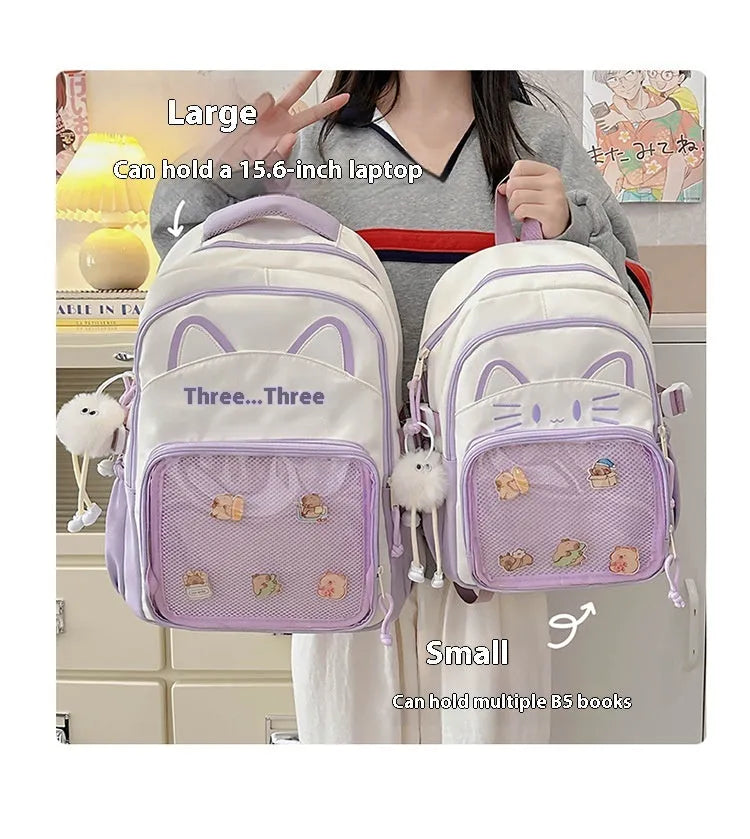 Korean cartoon design backpack with badge pendant in multiple colour options showing large capacity and curved shoulder straps