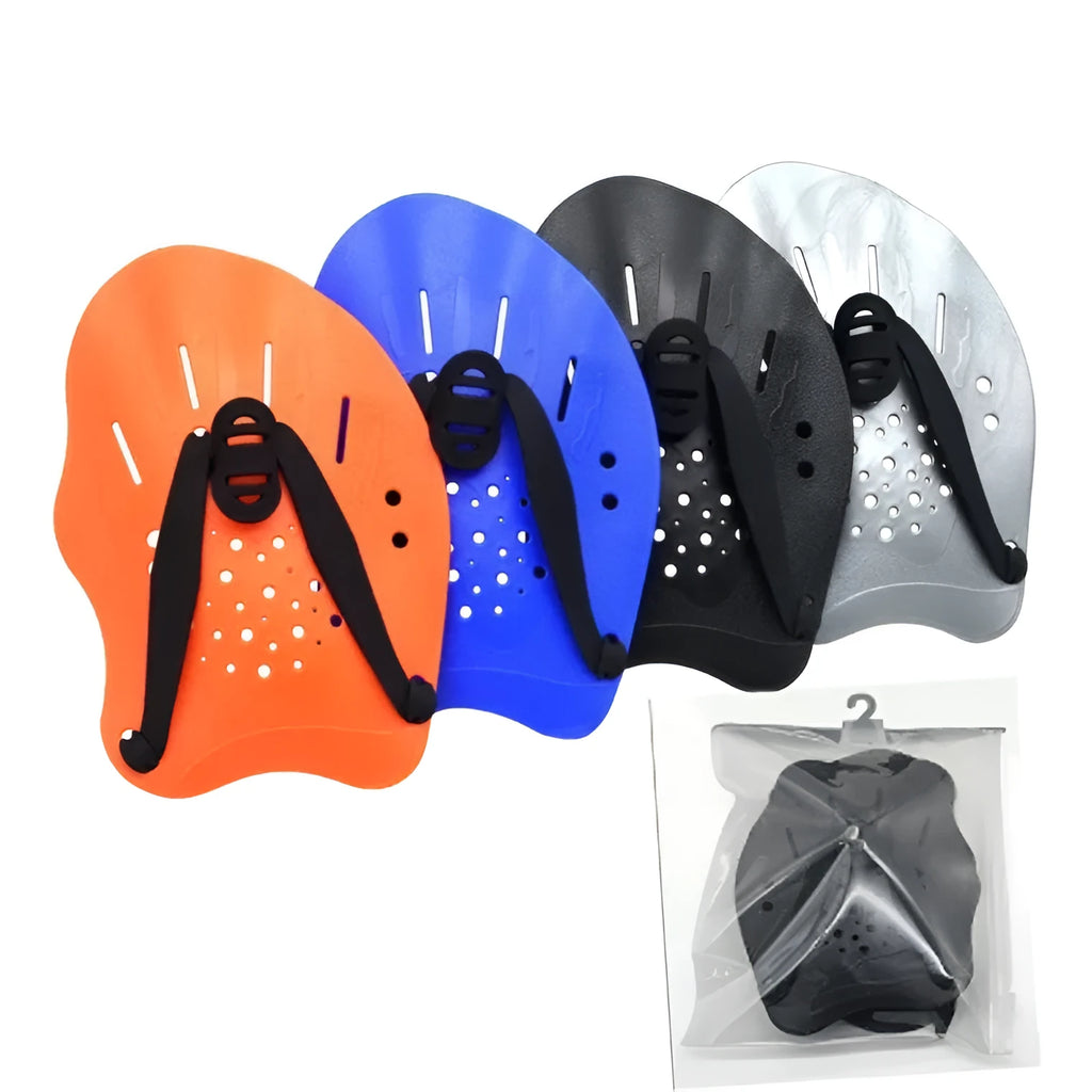 Pair of webbed swim training hand paddles in multiple colours, shown on hands, for freestyle stroke improvement.