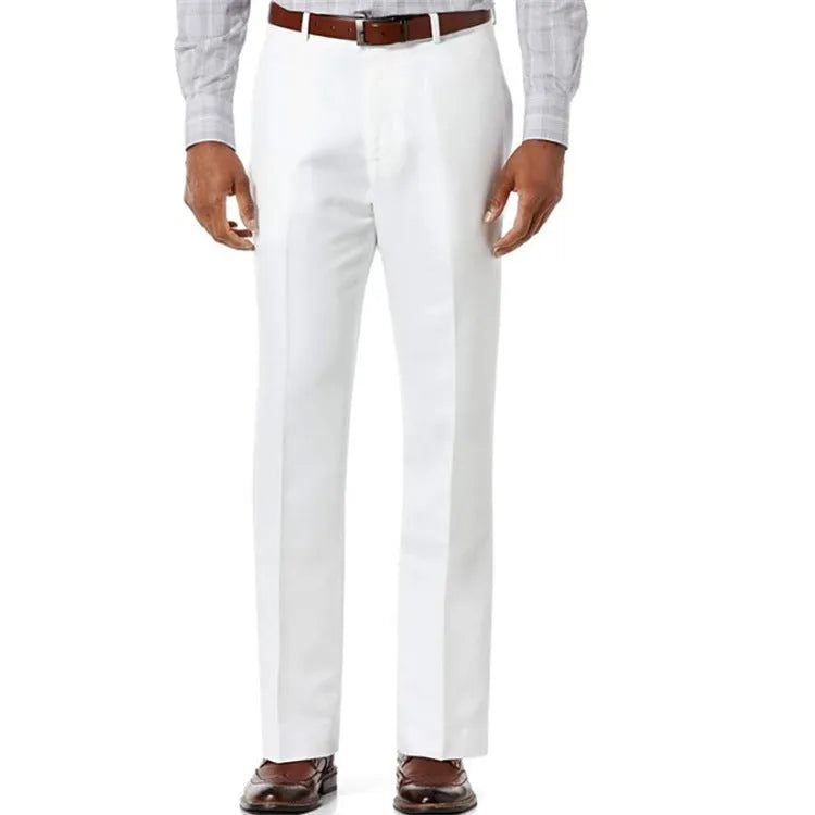 Men's beige white linen casual trousers with slant pockets laid flat.