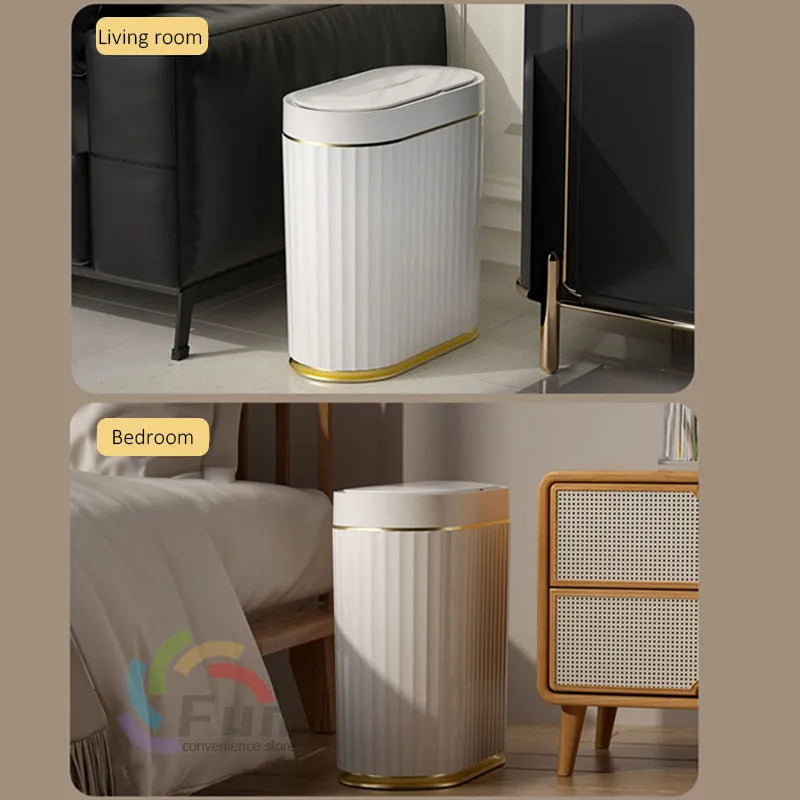White smart dustbin with automatic sensor lid open, showing 16L capacity.