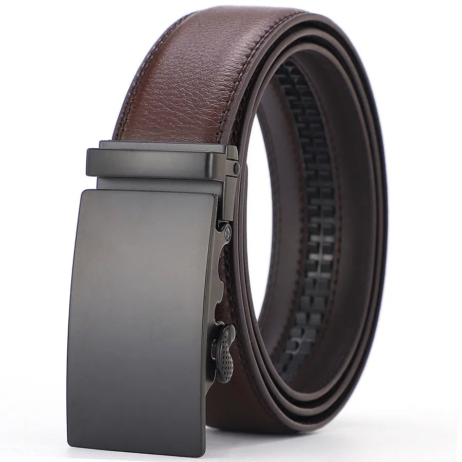 Men's automatic buckle belt in genuine two-layer cowhide leather, black or brown option, 110-130cm length