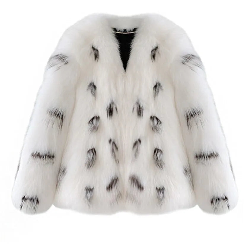 Black and white women's plus size Korean-style slim fit faux fur coat with short length.