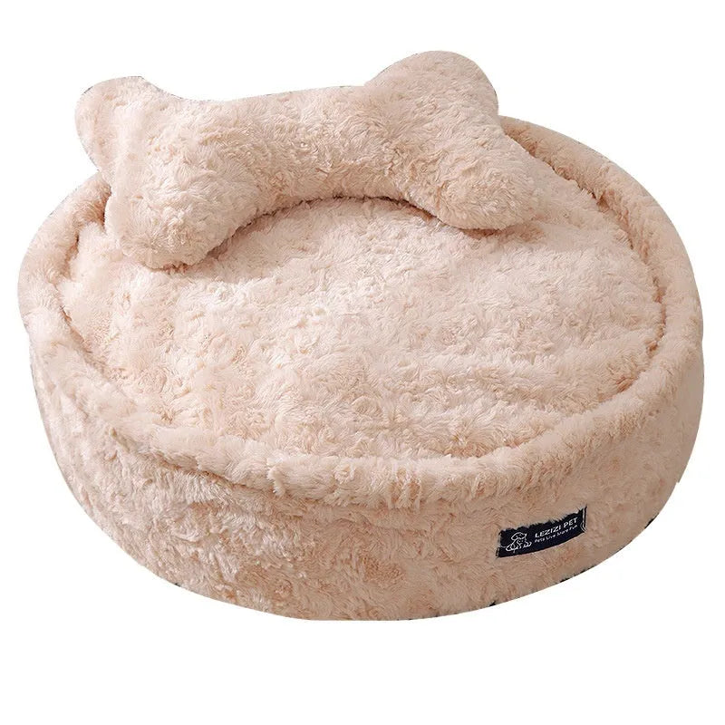 Round nest milk tea coloured pet bed for dogs and cats in removable washable cloth fabric