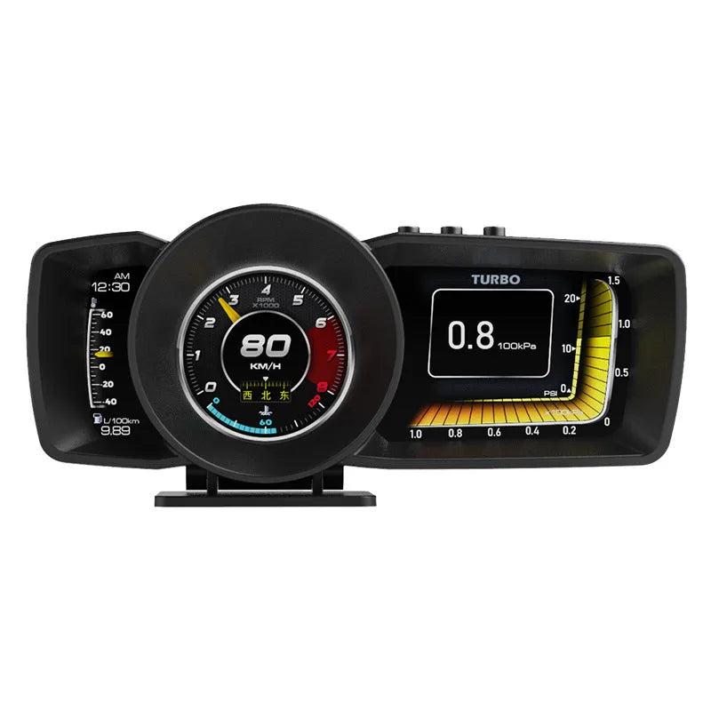 A600 OBDII vehicle monitor computer with TFT screen, connecting cable, and installation tools.