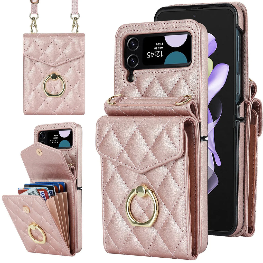 Crossbody folding ring phone case for Samsung Galaxy Z Flip in black, white, red, light purple, mint green, and rose gold, PU TPU drop-resistant leather-style cover