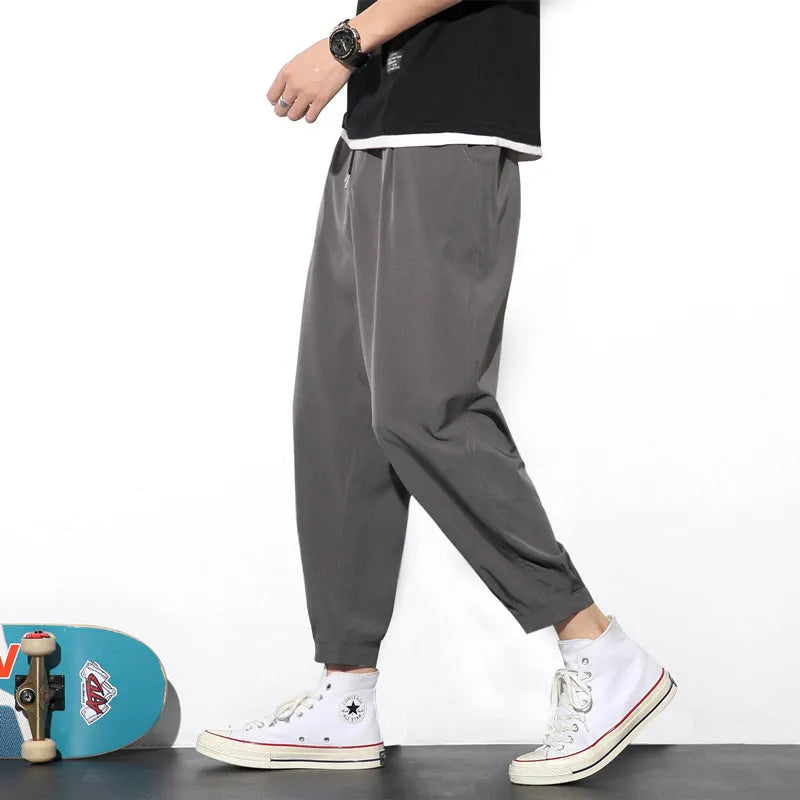 Men's drawstring ice silk trousers loose nine-point pants mid-waist solid colour black gray green light gray