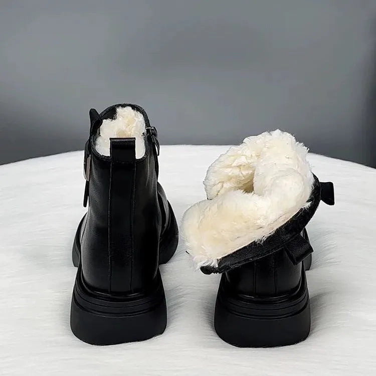 Women's black winter soft leather snow boots with side zipper and round toe